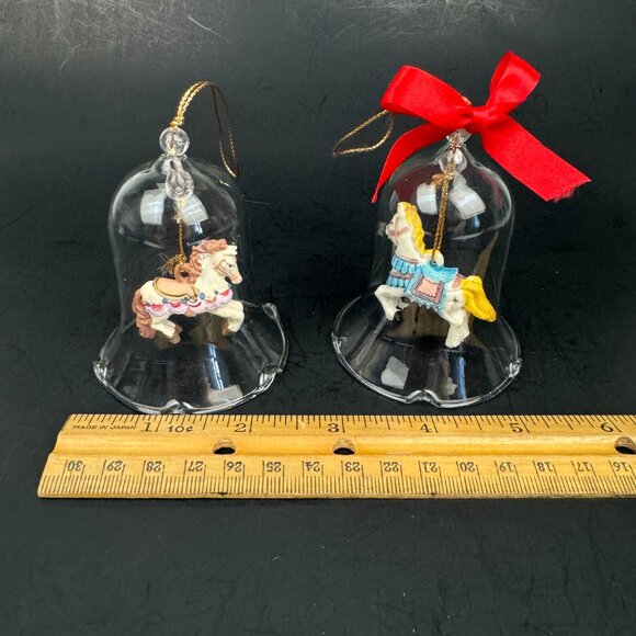 Vtg 2 Carrousel Bell Ornaments Bell Decorative Clear Glass 1 w Orig Box READ - Picture 3 of 11